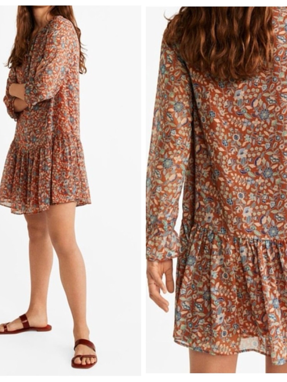 Mango Rust Floral Ruffle Hem Dress Sz M